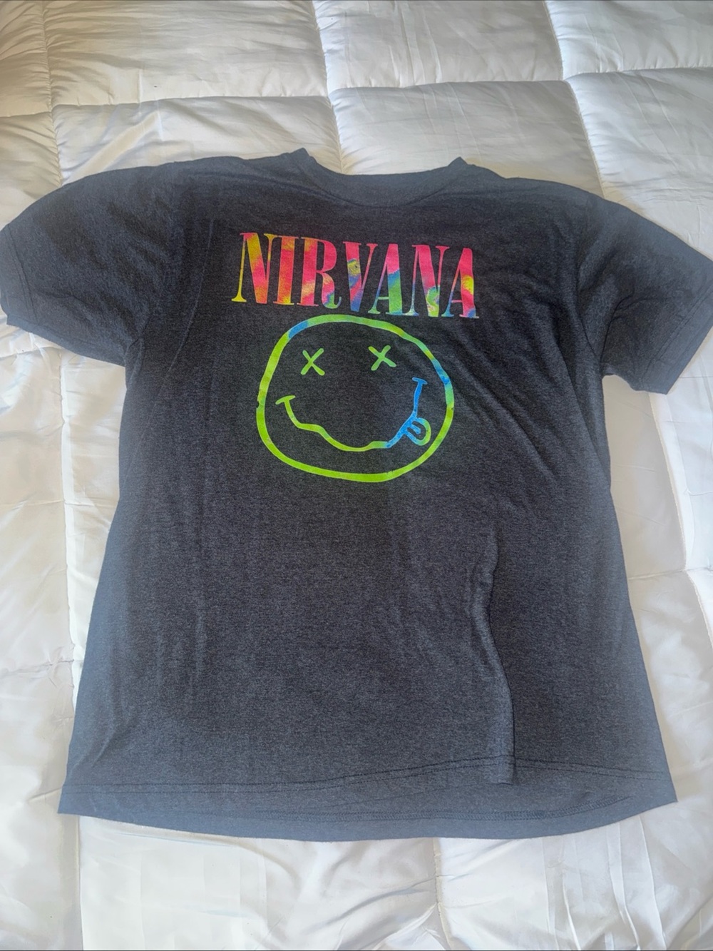 NIRVANA Black Tee with Rainbow Logo and Neon Smiley
